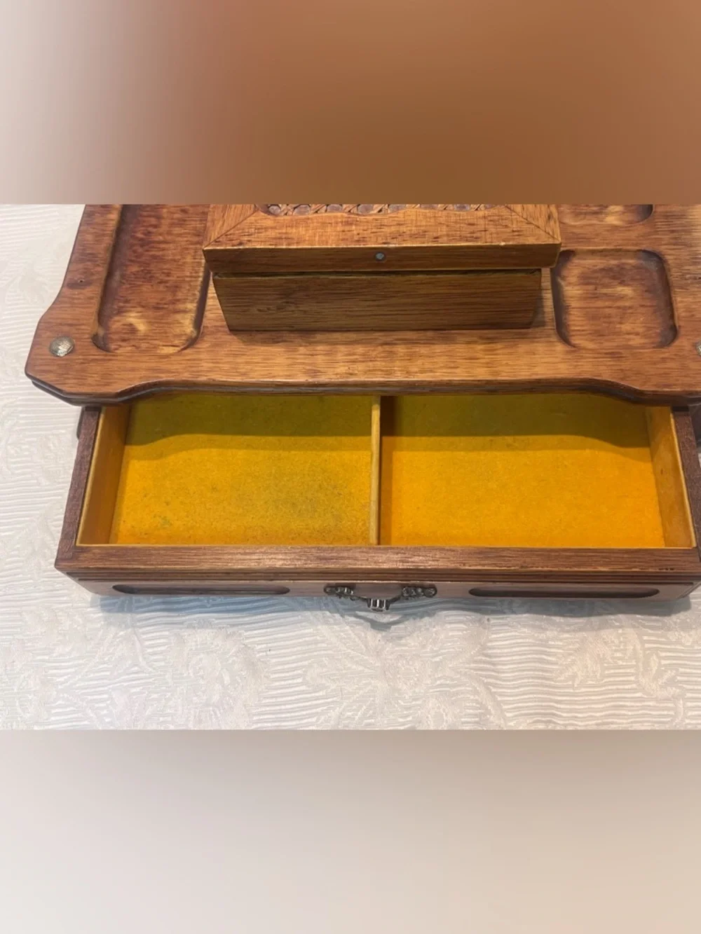 Vtg Wood Jewelry Chest Box Dresser Top Trinket Wicker Retro Multiple Compartment